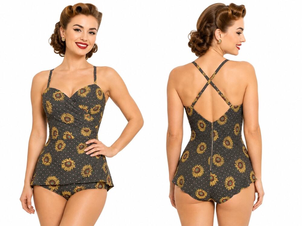 1950s Vintage Armonia Italy Sunflower Pinup One Piece Smocked Swimsuit S/M